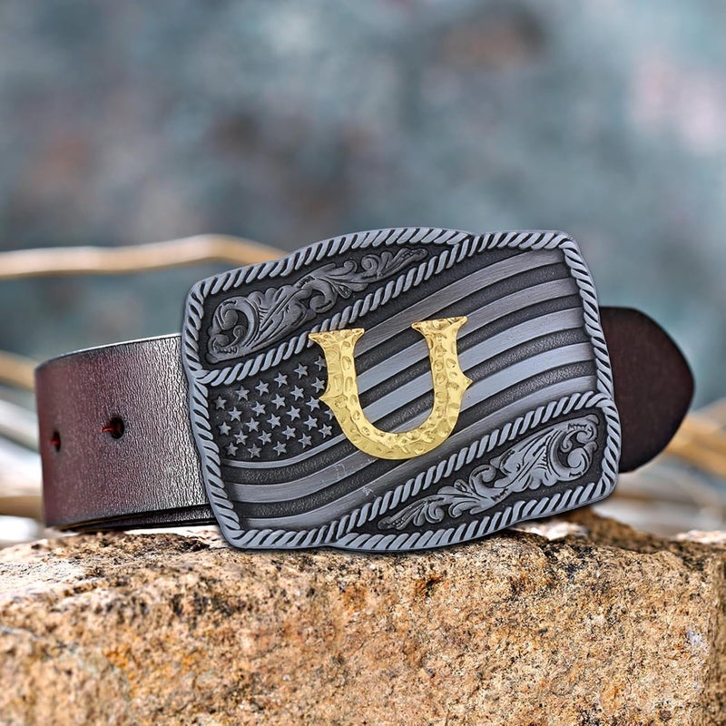 Fibbadet Store Western Cowboy Initial Letters A-Z American Flag Belt Buckle for Men Fathers Day Boyfriend Husband - Image 2